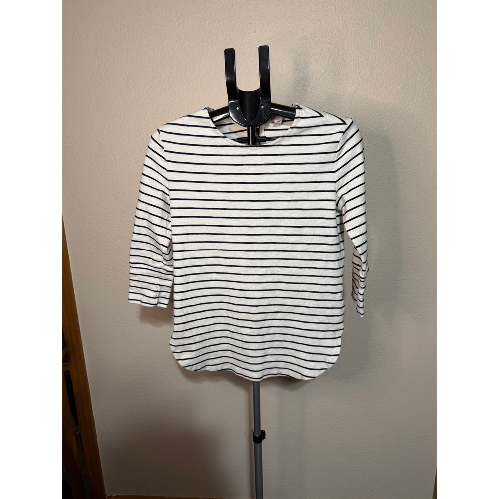 Merona Womens Striped 3/4 Sleeve Boat Neck Top White Navy Blue Small Zipper Back
